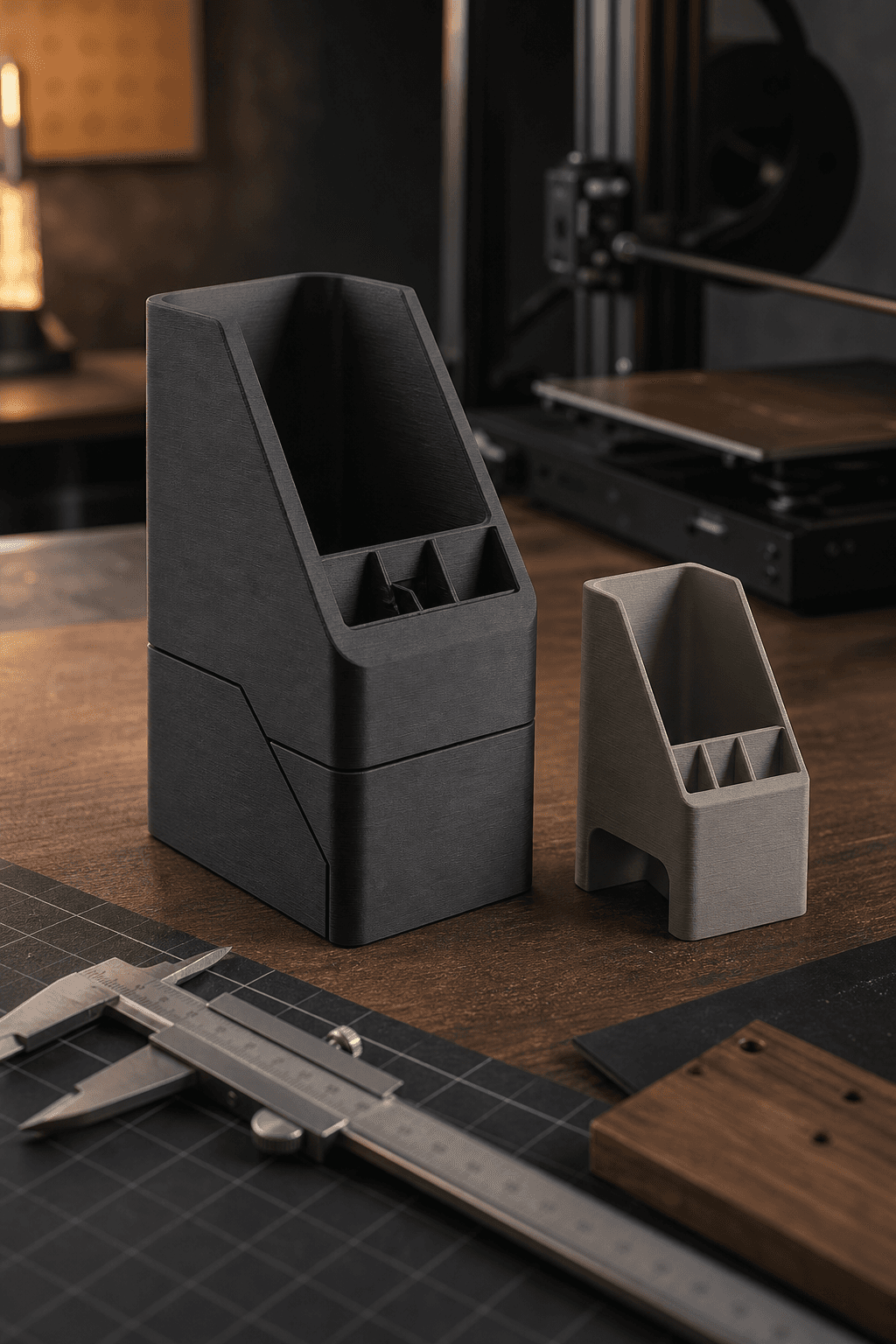 Refined charcoal 3D-printed organizers beside a desktop printer