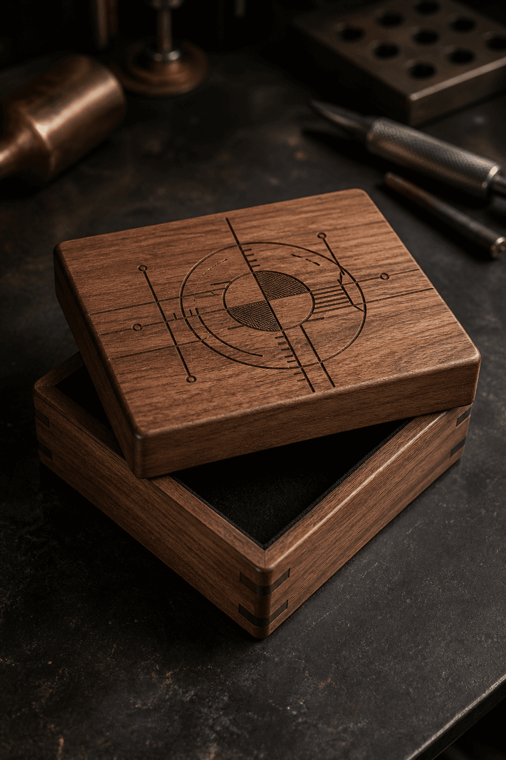Laser-engraved walnut keepsake box on a workshop table