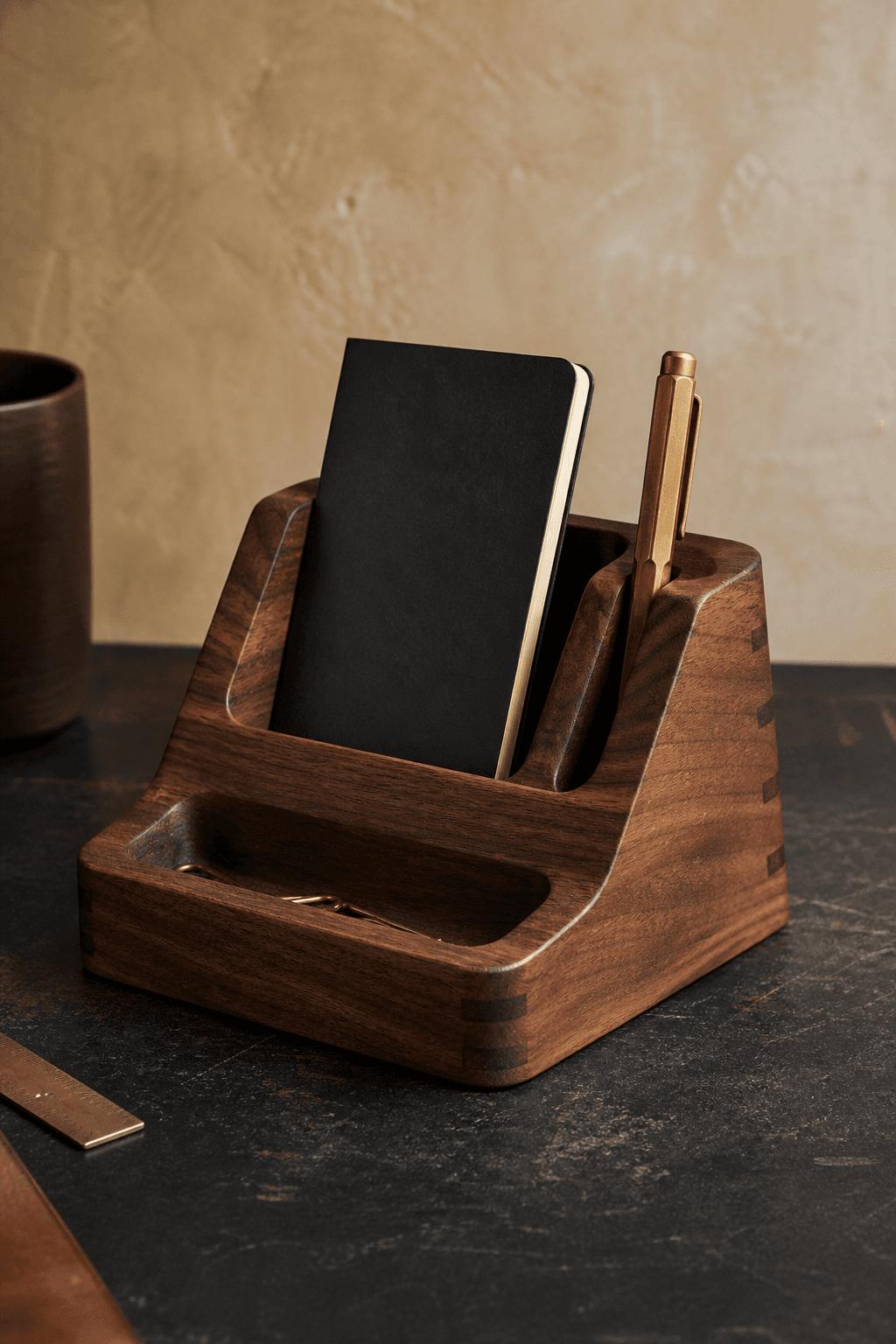 Handcrafted walnut desk organizer with brass pen