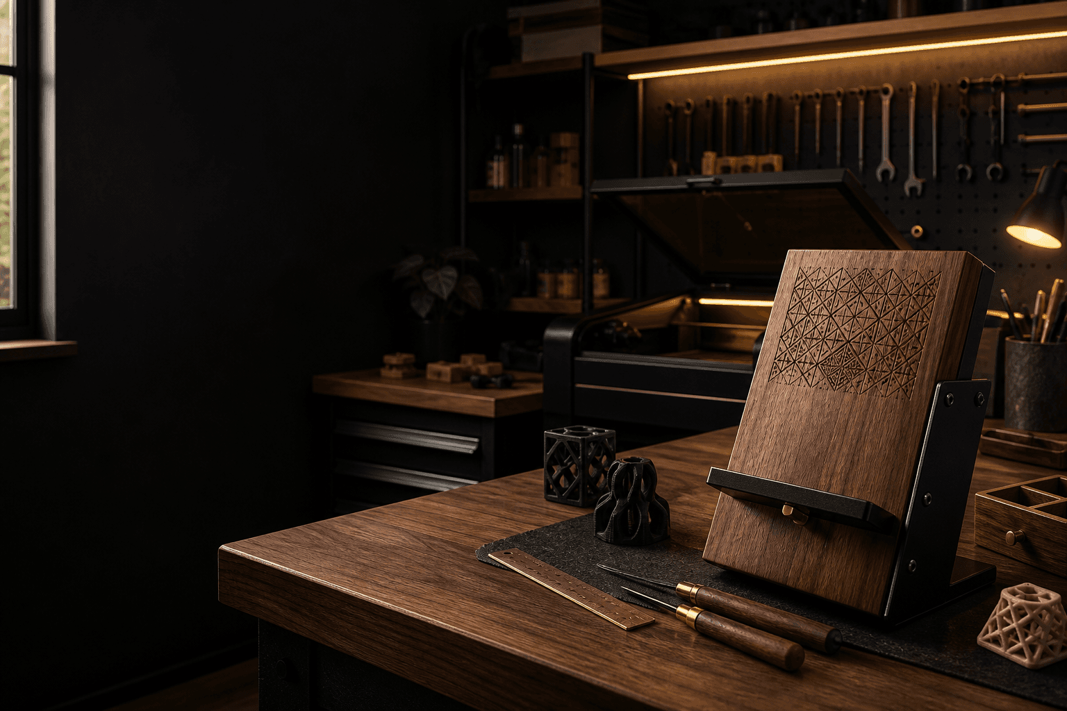 Modern custom fabrication workshop with engraved wood and prototyping tools